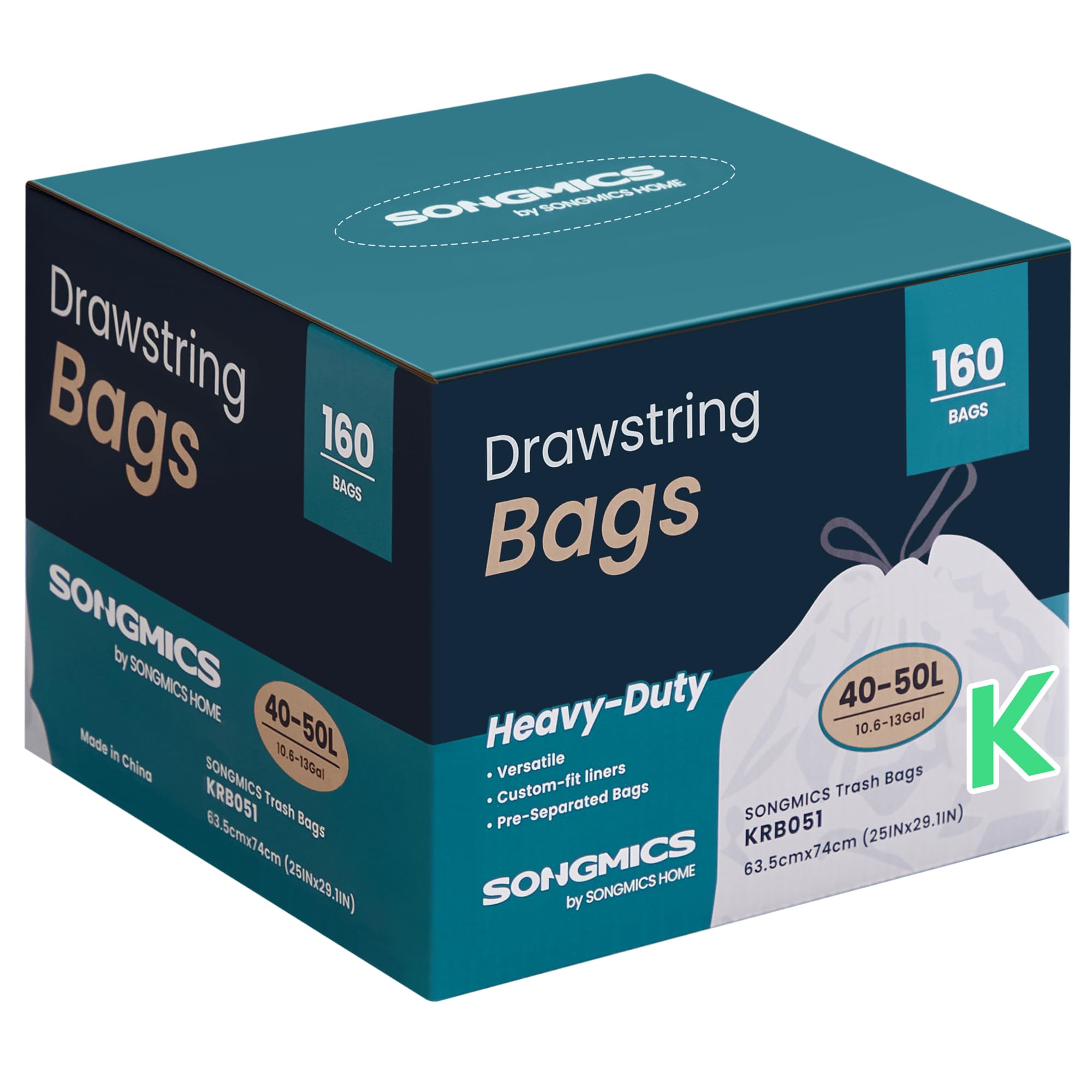 SONGMICS Trash Bags for 13-Gallon (50 L) Trash Cans, Drawstring Kitchen Garbage Bags, Pre-Separated, Quick-Dispense Box, Liner Code K, 4 Rolls, 160 Count, White UKRB051A04 Image