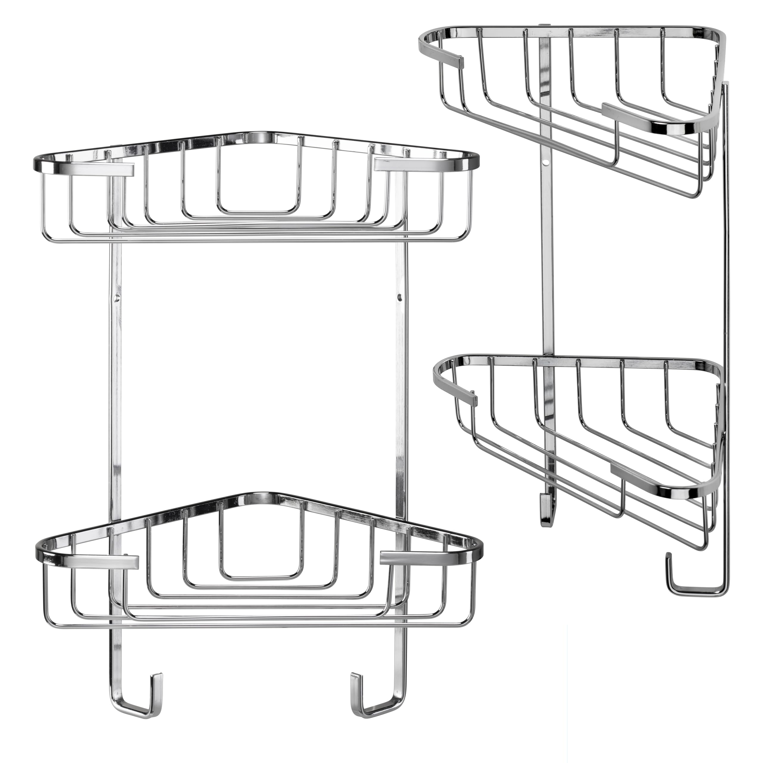 Croydex Medium Corner Shower Caddy - Durable Steel Bathroom Shelves with Chrome Finish for Modern Bathrooms, 2-Tier Shower Corner Shelves with Hooks, Easy Installation, 5kg Load Capacity