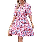 Kormei Women Casual Summer Dress Short Sleeve Button Up V Neck Ruffle A Line Flowy Smocked Skirt Dresses