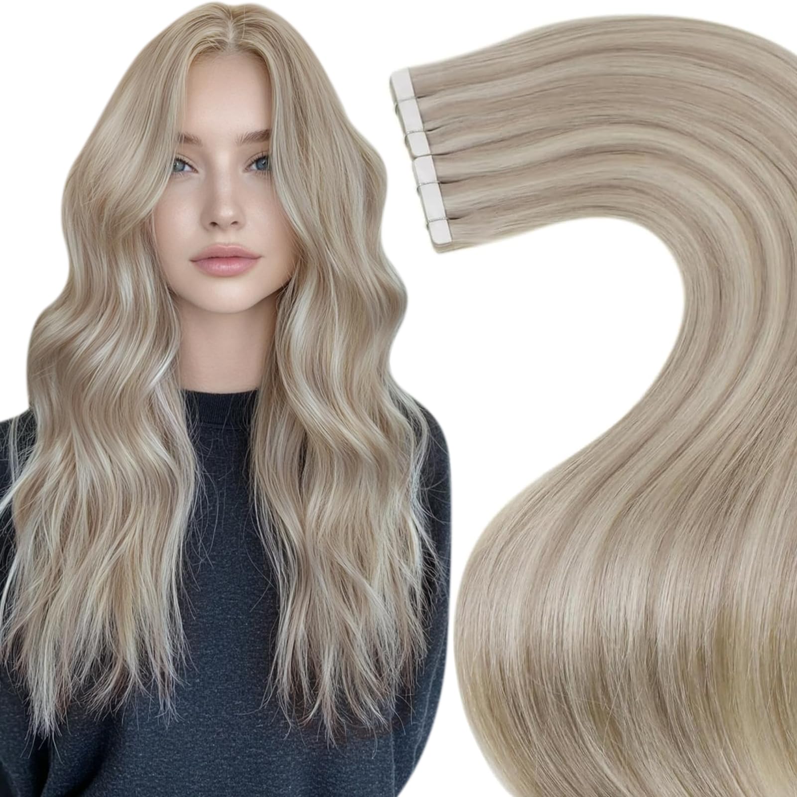 LaaVoo Tape Hair Extensions Blonde Tape in Hair Extensions Human Hair Invisible Tapes Remy Straight Highlight Ash Blonde Real Hair Double Sided Tabs 20pcs 50g 18 Inch #18/613 — image 1