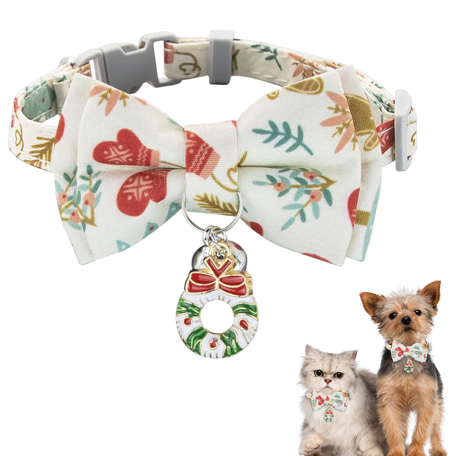 Christmas Cat Collar, Adjustable Cat Collar With Bell Bow Tie, Santa Elk Breakaway Pet Collar for Kitten Puppy Christmas Party Decoration Accessories Y9HDJXQ (White)
