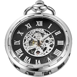 Cortella Mechanical Pocket Watch with Chain, Uncovered Roman Design Dial, Classic Hand Wind Pocket Watches for Men, Gift for