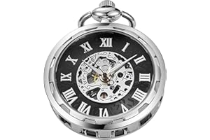WHODOIT Uncovered Men's Mechanical Pocket Watch with Chain, Uncovered Roman Design Dial Chain Mechanical Pocket Watches for Men