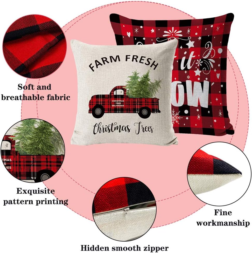 HAJACK Christmas Pillow Covers, 18x18” Throw Pillow Cases Set of 4 for Christmas Decor, Red Plaid Truck & Farmhouse & Deer Pattern and Soft Linen Fabric, Great Decorations and Best Gift for Christmas: Home & Kitchen