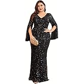 Plus Size Long Glitter Mermaid Dress for Mother of The Bride Women's Long Sleeve V-Neck Sequin Formal Gown