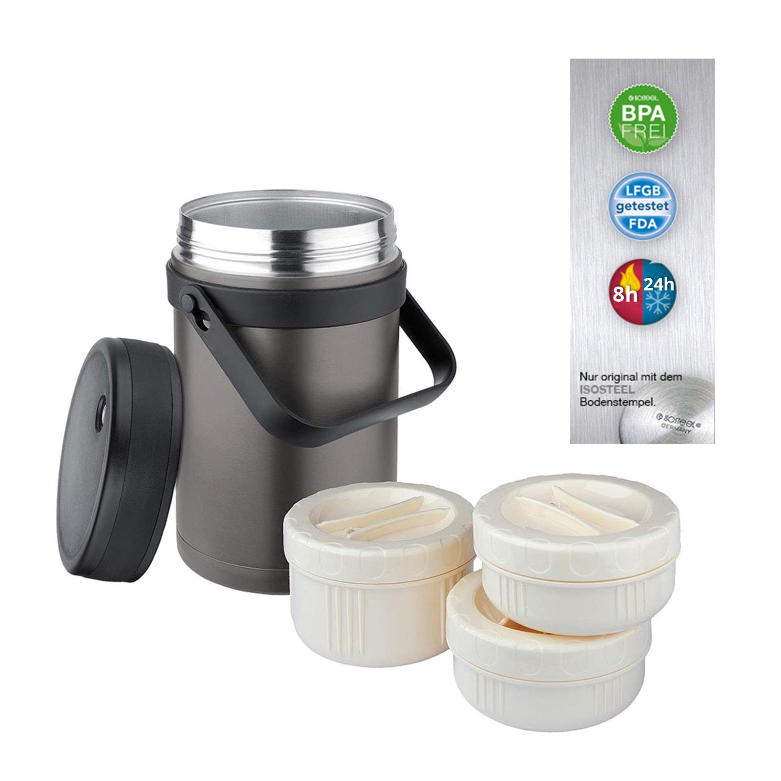 Isosteel VA-9683AT 1.5 L Stainless Steel Double-Wall Vacuum Food Container color coated titanium-gray incl. 3 plastic containers
