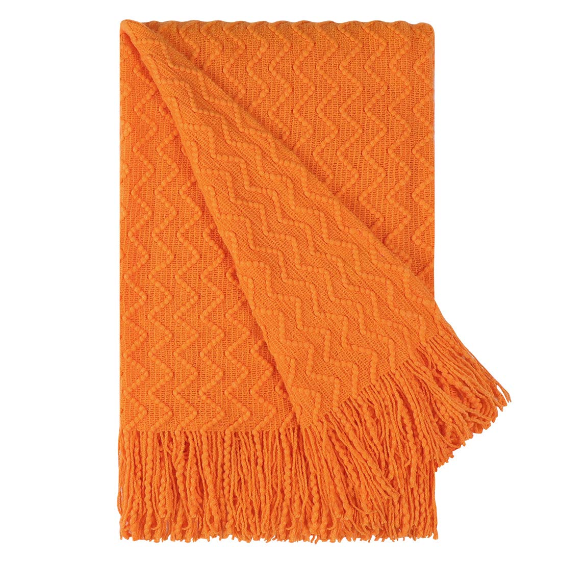 PiccoCasa 100% Acrylic Knit Throw Blanket Wave Pattern Soft Lightweight Decorative Knitted Blanket with Tassels Fringe for Couch, Bed, Sofa, Travel, 50x60 Inch, Orange