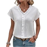 Floerns Women's Casual Short Dolman Sleeve Shirts Frill Trim V Neck Blouse Tops