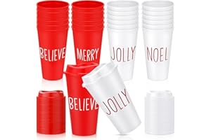 Qinyoung 24 Pcs Hot Cocoa Reusable Coffee Cups Bulk 16 oz Christmas Coffee Mugs with Lid Plastic Tumblers Travel Gift for Xmas Drinks Chocolate Bar Party Supplies(Merry Believe Jolly Noel)