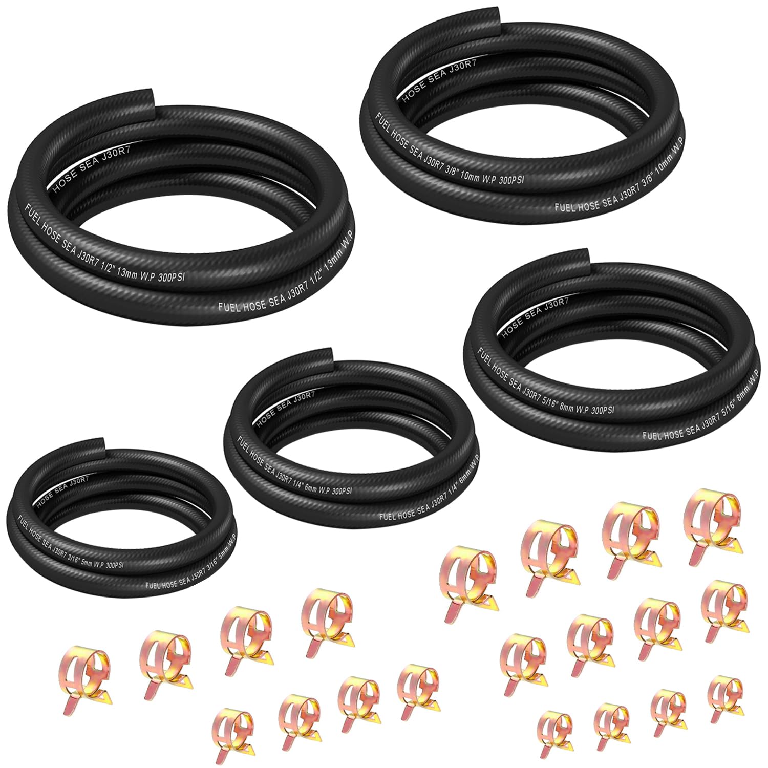 Photo 1 of smseace 25pcs 3.3Ft 5-Size Fuel Line Hose Kit - 3/8 Inch 1/2 Inch 5/16 Inch 1/4 Inch 3/16 Inch ID NBR Rubber Fuel Hose with Hose Clamps for Small Engines Automotive Replacement Fuel Hoses