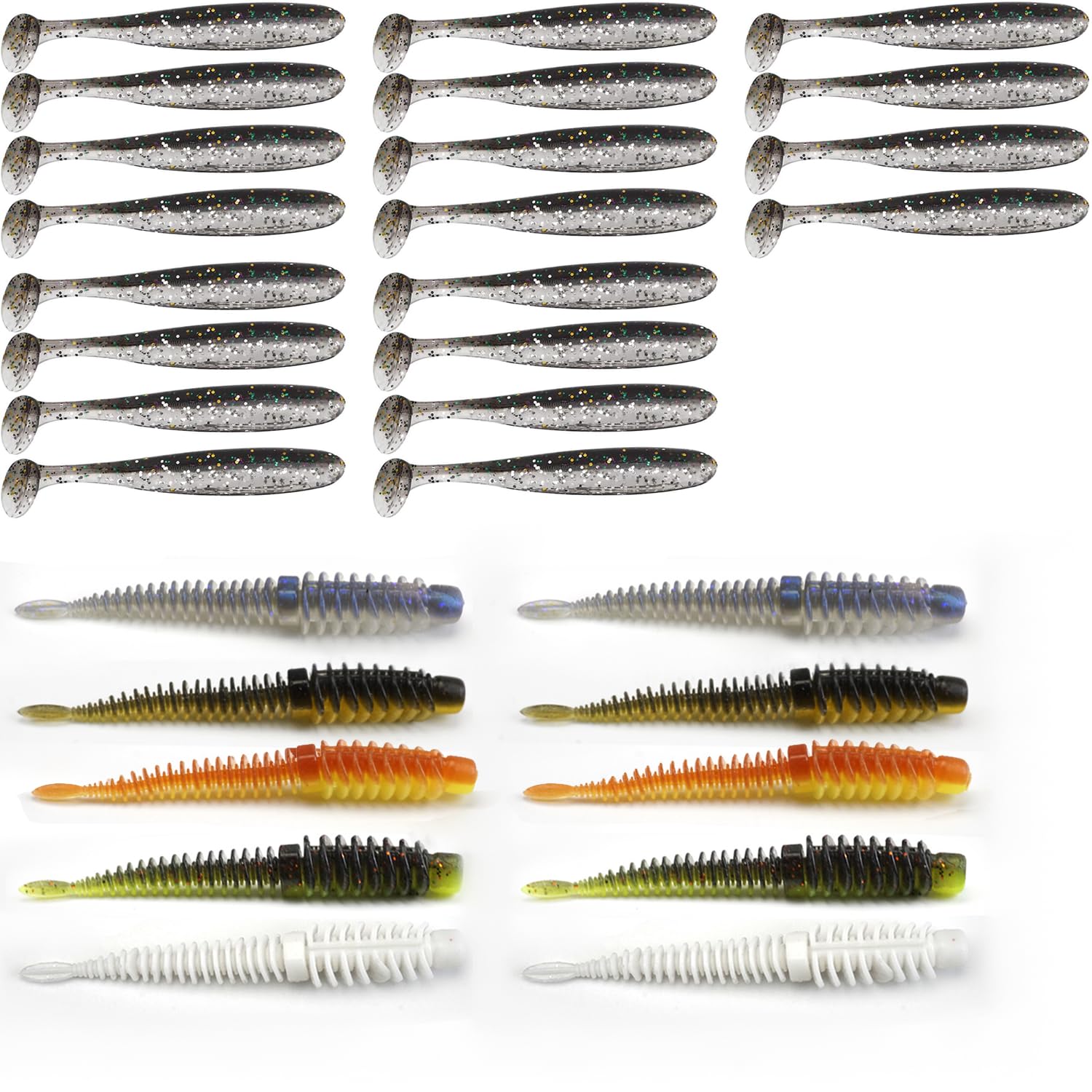 30 PCS Fishing Soft Lures Artificial Plastic Baits with Jig Heads Paddle Tail Swimbaits for Bass 5.5cm and 7.5cm Two Sizes Durable and Realistic Fishing Accessories