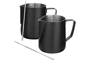 Neavessi Pack of 2 Milk Pitcher 20oz(600ml) & Latte Art Pen, 304 Stainless Steel Milk Cup, Measurement Marks, Black