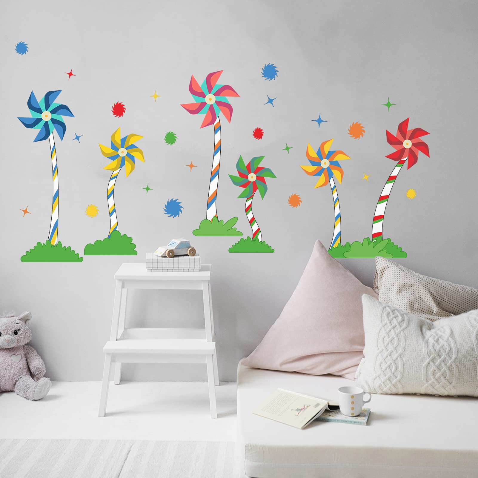 AnFigure 6Pcs Large Windmill Tree Wall Stickers Kids Baby Girls Boys Room Bedroom Nursery Playroom Wall Decals Childrens Babies Toddlers Wall Sticker DIY Nature Plant Wall Decals Home Wall Decor