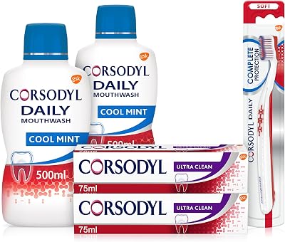 Corsodyl Gum Care Bundle: 2x Ultra Clean, 2x Cool Mint Mouthwash, 1x Toothbrush