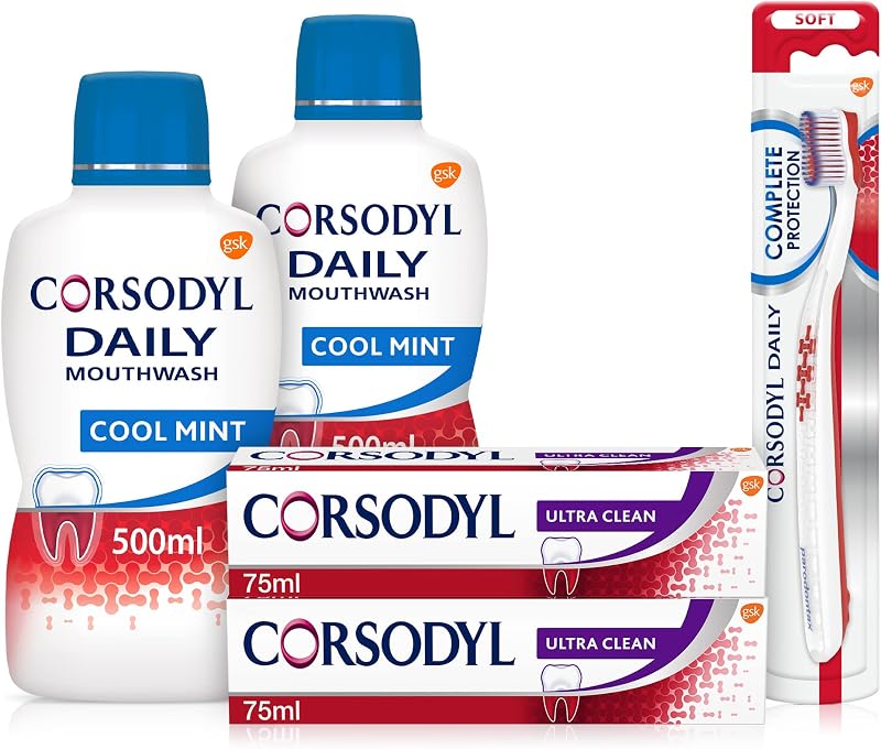 Corsodyl Gum Care Bundle: 2x Ultra Clean, 2x Cool Mint Mouthwash, 1x Toothbrush