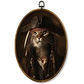 zewepri Pirate Cat Oval Wall Art, Nautical Gothic Cat Portrait, 8.5x11.5 | Whimsical captain cat portrait adds vintage nautical charm to bedroom, bathroom, living room, or nursery