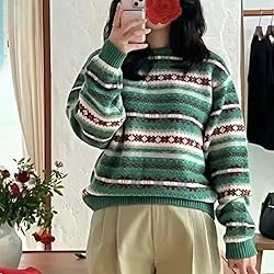 Women Y2K Argyle Striped Pullover Sweater Casual