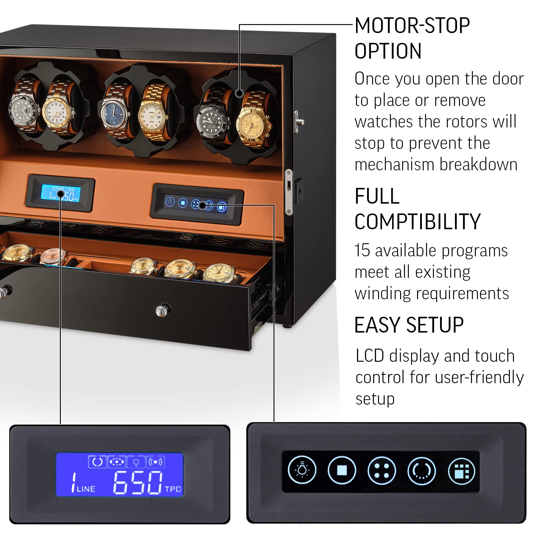 6 Watch Winder with Jewelry Storage Drawer, LCD Display, Touch Control and Interior Backlight