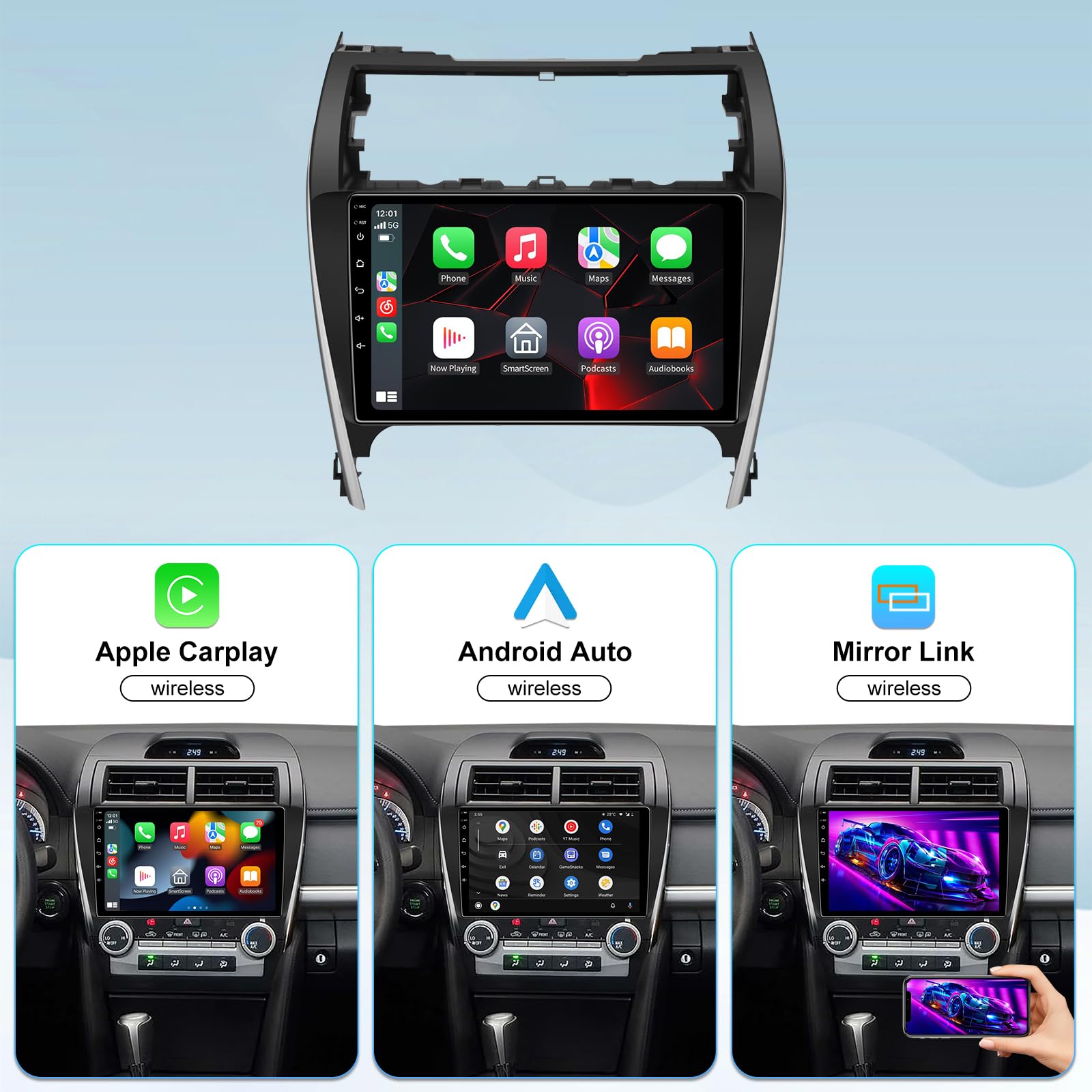 Android 13 Car Radio for Toyota Camry 2012 2013 2014 with Wireless Carplay and Android Auto -4GB+32GB 10.2 inch Touchscreen Bluetooth RDS FM SWC 5GWIFI（fit JBL System）