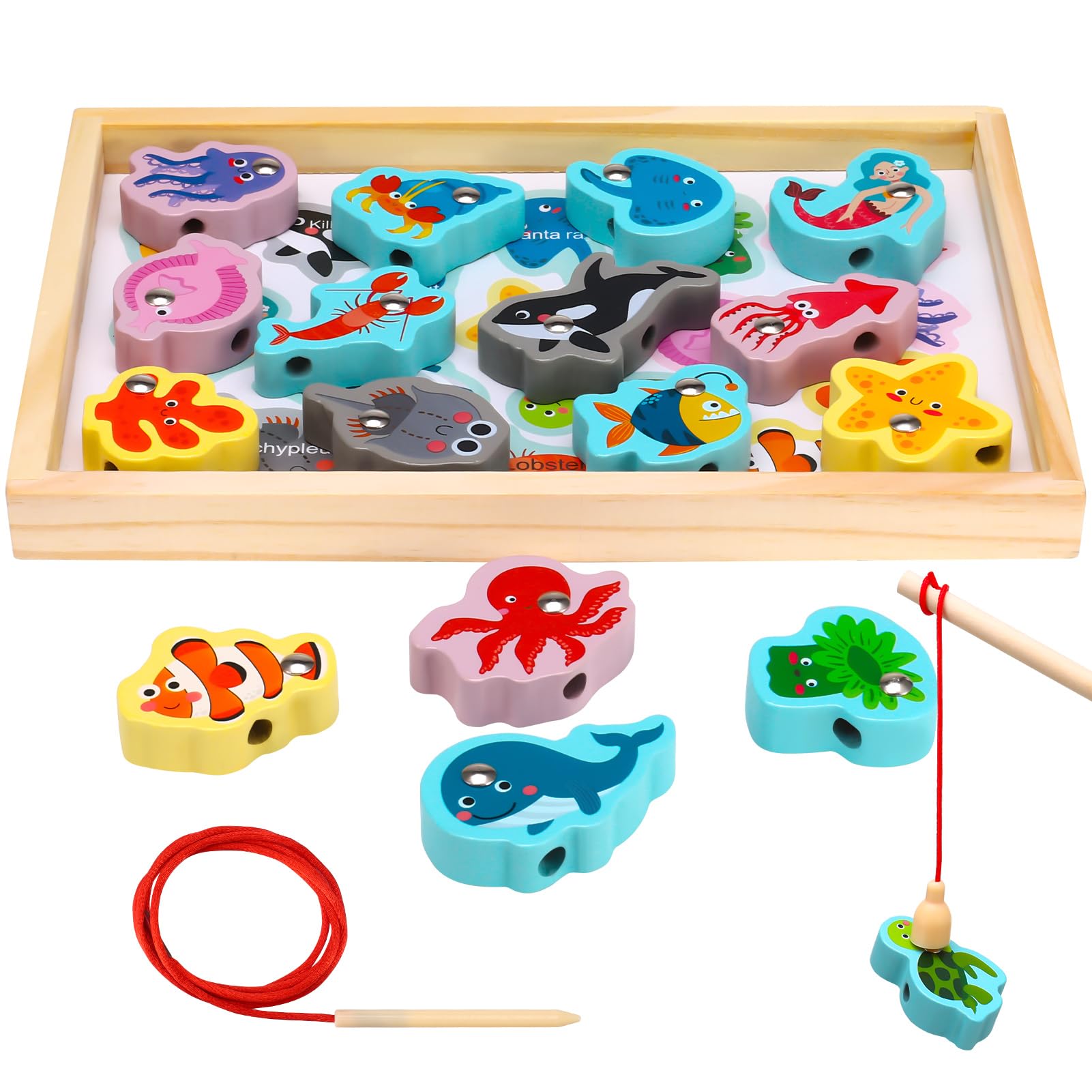 GSrenyu Wooden Fishing Game, 19pcs Magnetic Fishing Game for Kids, Wooden Montessori Toys with Fish Rod, Ocean Animal Games for Toddles Boy Girl Birthday Party Christmas