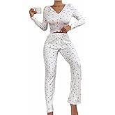 Hilinker Womens Cute Long Sleeve Pajama Set Ribbed Top and Pants Sleepwear 2 Piece Pjs