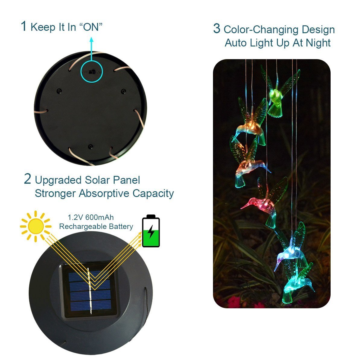 MEIO Color-Changing LED Solar Mobile Wind Chime LED Changing Light Color Waterproof Six Hummingbird Wind Chimes For Home Party Night Garden Decoration