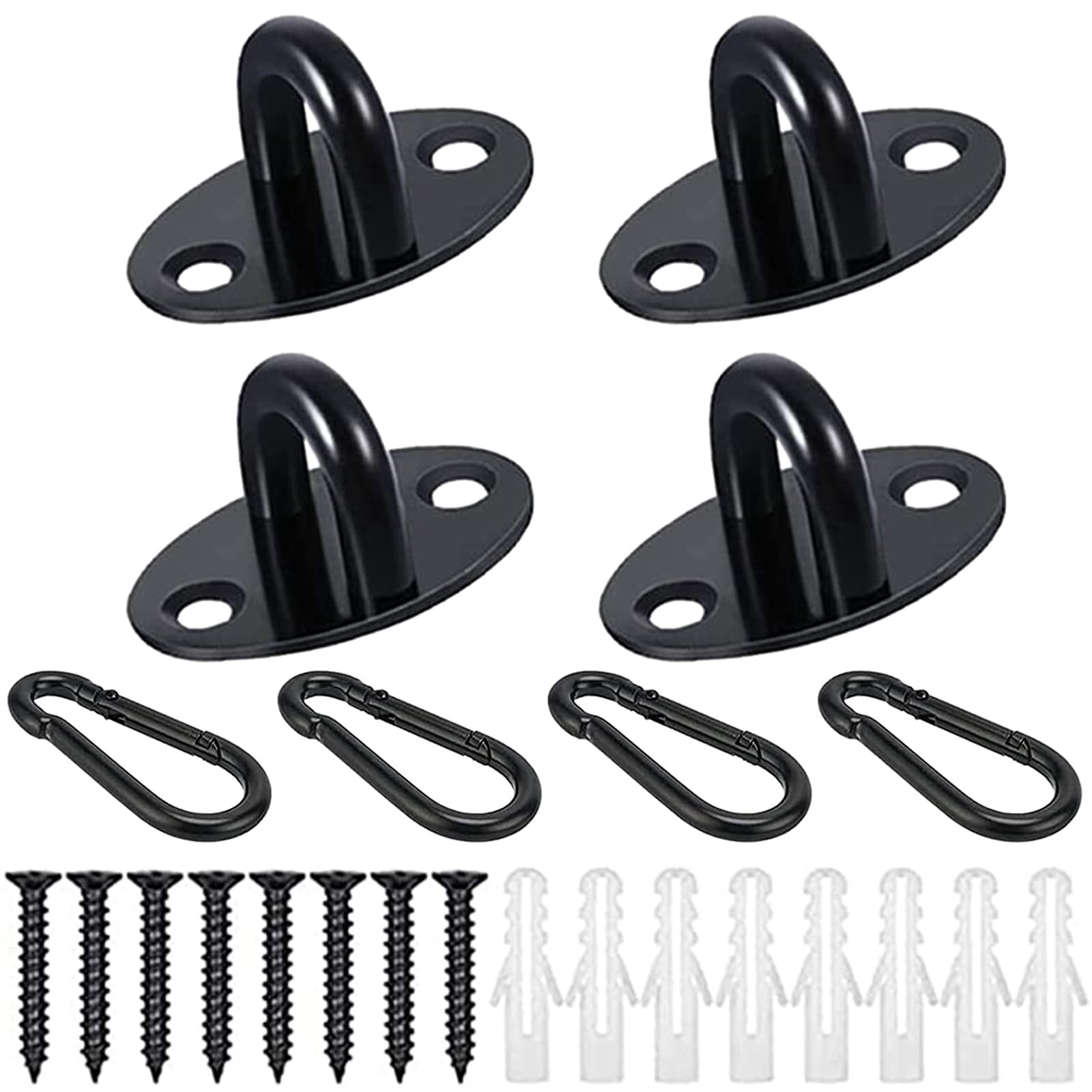 EGGMARCH 4 Pack Mini Ceiling Hooks Small Pad Eye Plate with Carabiner Clips and Screws, Anchor Plates U Hooks Door Eye Latch Cabinet Knobs Door Drawer Knobs Replacement for Hanging Plant Basket