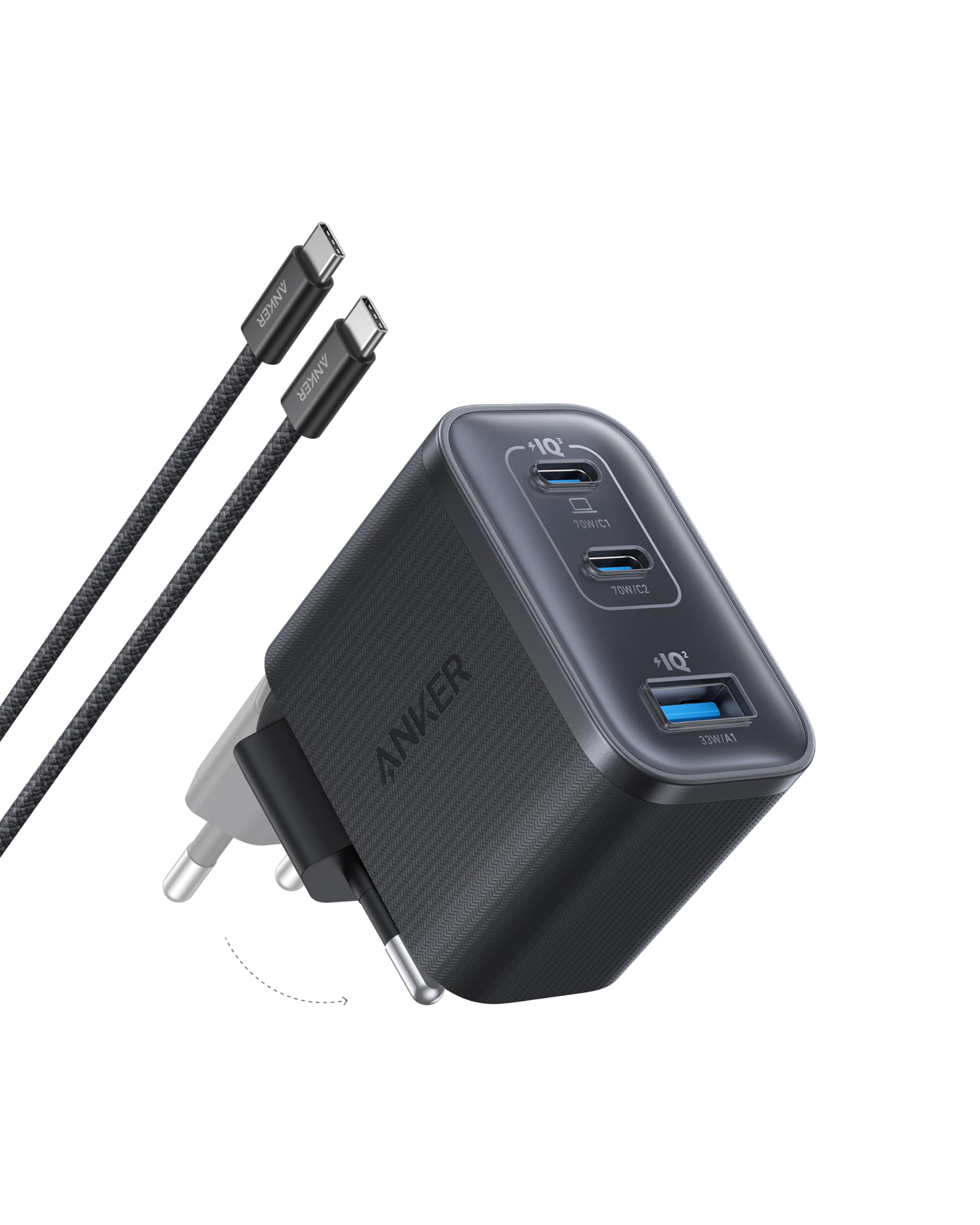 Anker Nano 70W USB C Ladegerät, Laptop Ladegerät, 3-Port-Netzteil mit 70W schnellladegerät, kompakt & stylisch, für iPhone 17/Pro/Pro Max/iPhone Air/16/15, MacBook Air, iPad, Pixel, Galaxy und mehr
