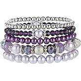 Noessla Beaded Pearl Stretch Bracelet Silver Stackable Crystal Beads Bracelets Trendy Costume Jewelry Mothers Day Gifts for Women