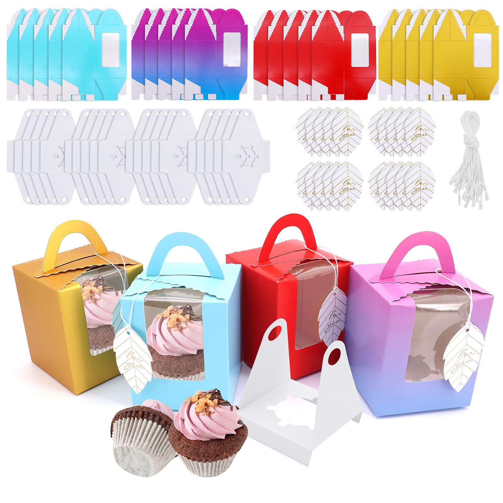 20Pcs Single Cupcake Boxes, Individual Cupcake Boxes with Handle, Small Cake Box for Cookies Desserts Pies Bakery Candy Wedding Party Favors (multi color)