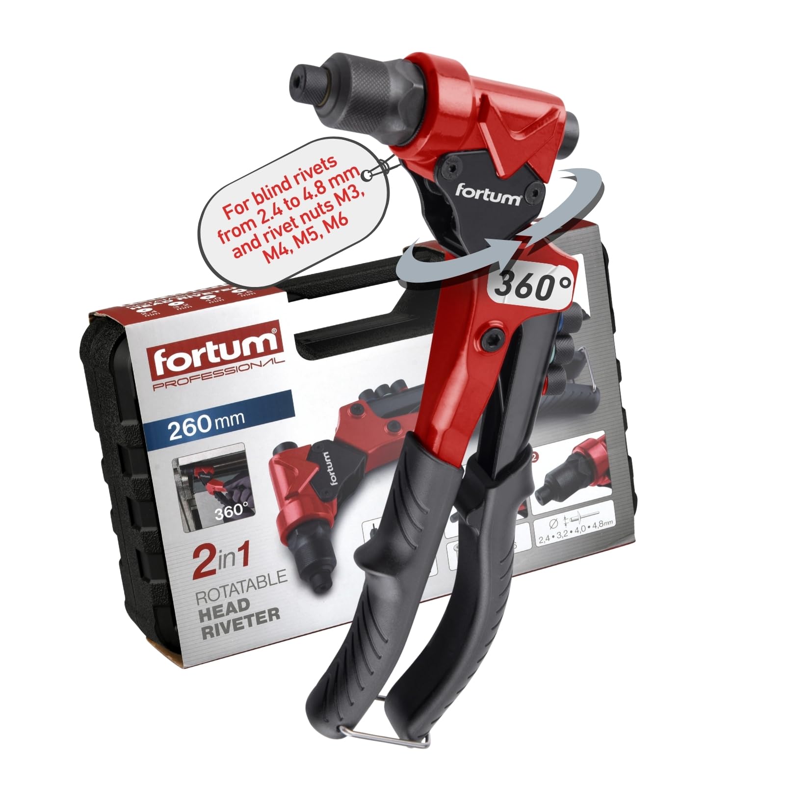 Fortum Combination Hand Riveter for Blind Rivets and Threaded Rivets, 360° Swivel Head, Rivet Nut Pliers for M3-M6 Rivet Nuts and 2.4-4.8 mm Pop Rivets, Rivet Pliers with Pull Pins