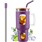 WINSA Glass Tumbler with Straw and Lid, 40 oz glass cup with handle, Glass Water Bottles with Time Marker, Silicone Protective Sleeve-Dark Purple