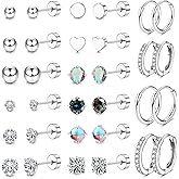 LOFITOR 16 Pairs Surgical Steel Flat Back Earrings Set for Multiple Piercing Sensitive Ears Cartilage Hypoallergenic Earrings Small Huggie Hoop Earrings CZ Ball Stainless Steel Stud Earrings for Women Men