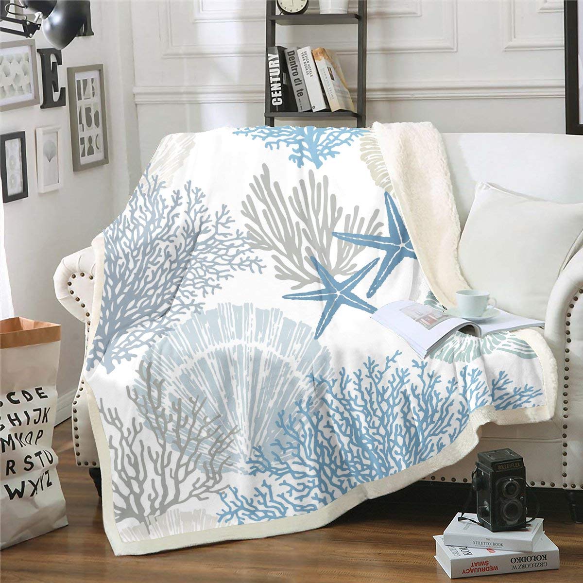 Loussiesd Ocean Starfish Fuzzy Blanket Shell Marine Themed Fleece Throw Blanket Sea Creatures Sherpa Blanket for Bed Sofa Hawaiian Sealife Animal Plush Blanket Single 50"x60"