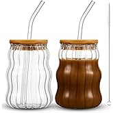 Domensi 2 Pcs 18 oz Creative Glass Cups with Lids and Straws Wave Shape Cute Drinking Tumblers Ribbed Cups Vintage Ripple Glassware for Cocktail Juice Iced Coffee Tea Soda Milk