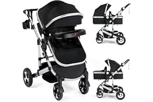 Kinder King 3 in 1 Reversible Baby Stroller w/Detachable Tray, Convert to Newborn Pram, Folding Infant Carriage for Toddler, Adjustable Canopy & Handle, Aluminum Alloy, Suspension Wheels, Black