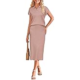 Arach&Cloz Women's Soft 2 Piece Sets Summer Polo Shirt and Midi Skirt Sweaters Outfits 2025