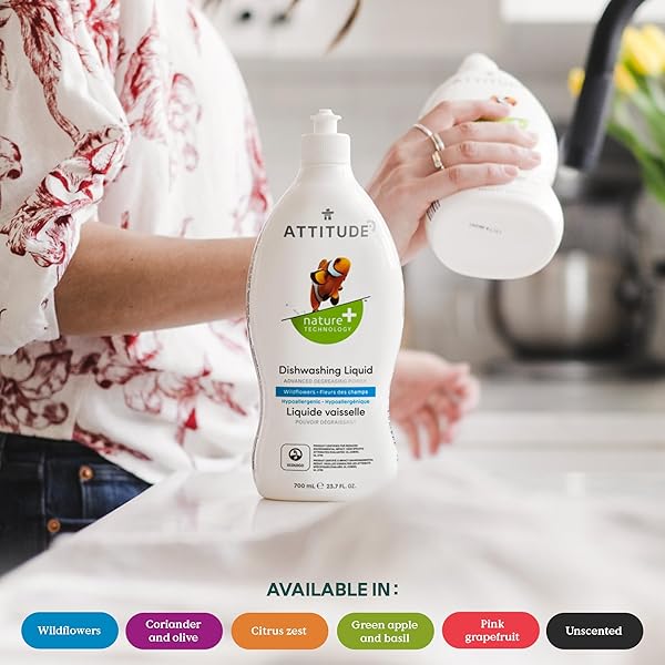 ATTITUDE DISHWASHING LIQUID, EWG VERIFIED, VEGAN DISH SOAP, PLANT BASED, NATURALLY DERIVED PRODUCTS, CITRUS ZEST, 23.7 FL OZ