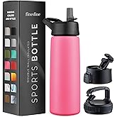 FineDine Triple Walled, Insulated Water Bottles with Straw - 25 Oz Stainless Steel Metal Bottle W/ 3 Leak Proof Lids - For Travel, School, Sports, Gym/Men, Women & Kids - Striking French Rose