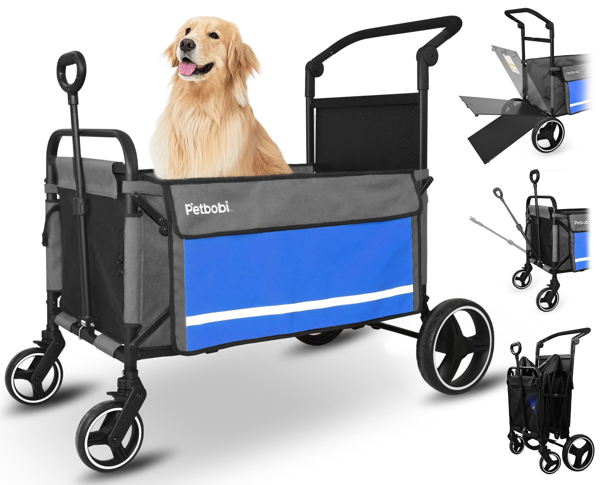 Photo 1 of Petbobi Dog Wagon Stroller for Large & Medium Dogs - 2-in-1 Push-Pull Pet Stroller with Ramp, Foldable All Terrain Wagon Cart, One-Step Brake, Suitable for Outdoor Walks & Camping, Blue