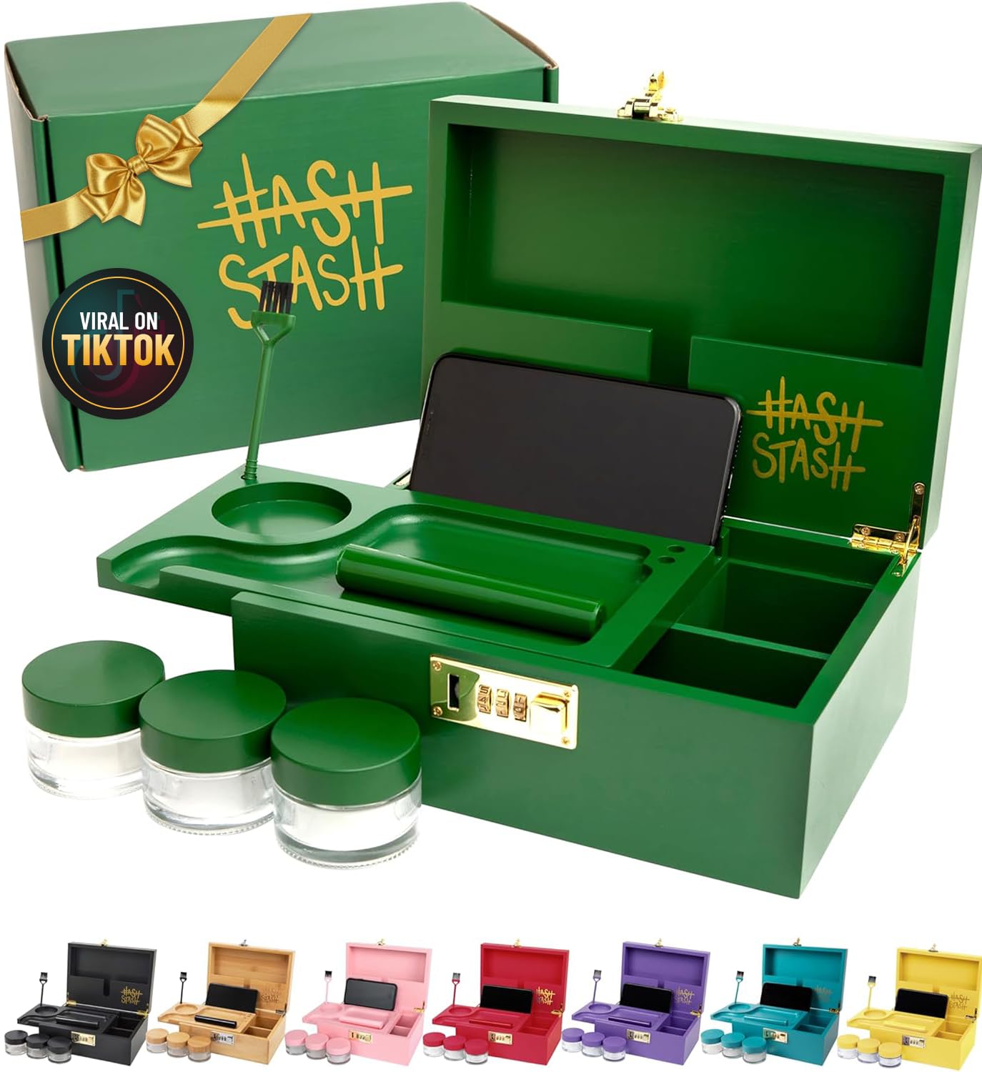 The OG Stash Storage Box - Large Bamboo with Combination Lock, Magnetic Lid, Organizer Tray, 3 Smell-Proof Jars and Brush - Portable Decorative Wooden Lock Box Kit with Accessories (Green/Gold)
