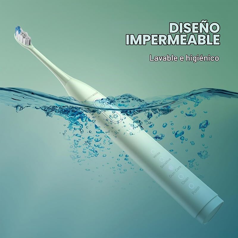 Escova de dentes sónica para adultos, escova elétrica recarregável com 5 modos de limpeza, 3 níveis de intensidade, sensor de pressão inteligente (Verde)