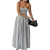 Milumia Women's Plaid Tube Maxi Dress Strapless Sleeveless Flared A Line Long Dresses