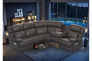 FURNIMAT Home Theater Seating Reclining Sectional Sofa, Reclining Couch with 4 USB, 2 Flip-Up Middle Backrest & Drawers, Wall Hugger RV Recliners, 145° Adjustable Recline & Cup Holders for RV & Movie Room