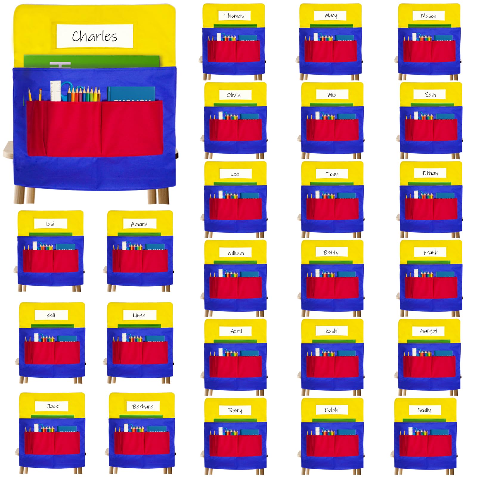 Photo 1 of 25 PCS Chair Pockets for Classroom, Seat Sacks for Classroom Chairs k-2 3-5, Student Chair Bag Organizer with 5 Pocket for Kindergarten, School Storage, Teacher Supplies (15"W x 19"H, Colorful)