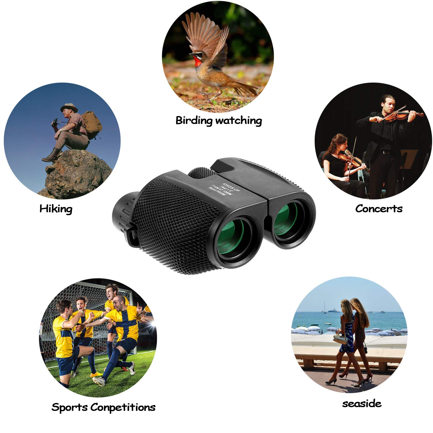 10x25 High Powered Binoculars with Weak Light Night Vision for Concert Theater Waterproof Compact Binocular Great for Bird Watching Hiking Traveling, Sightseeing Gift for Adults Kids Boys