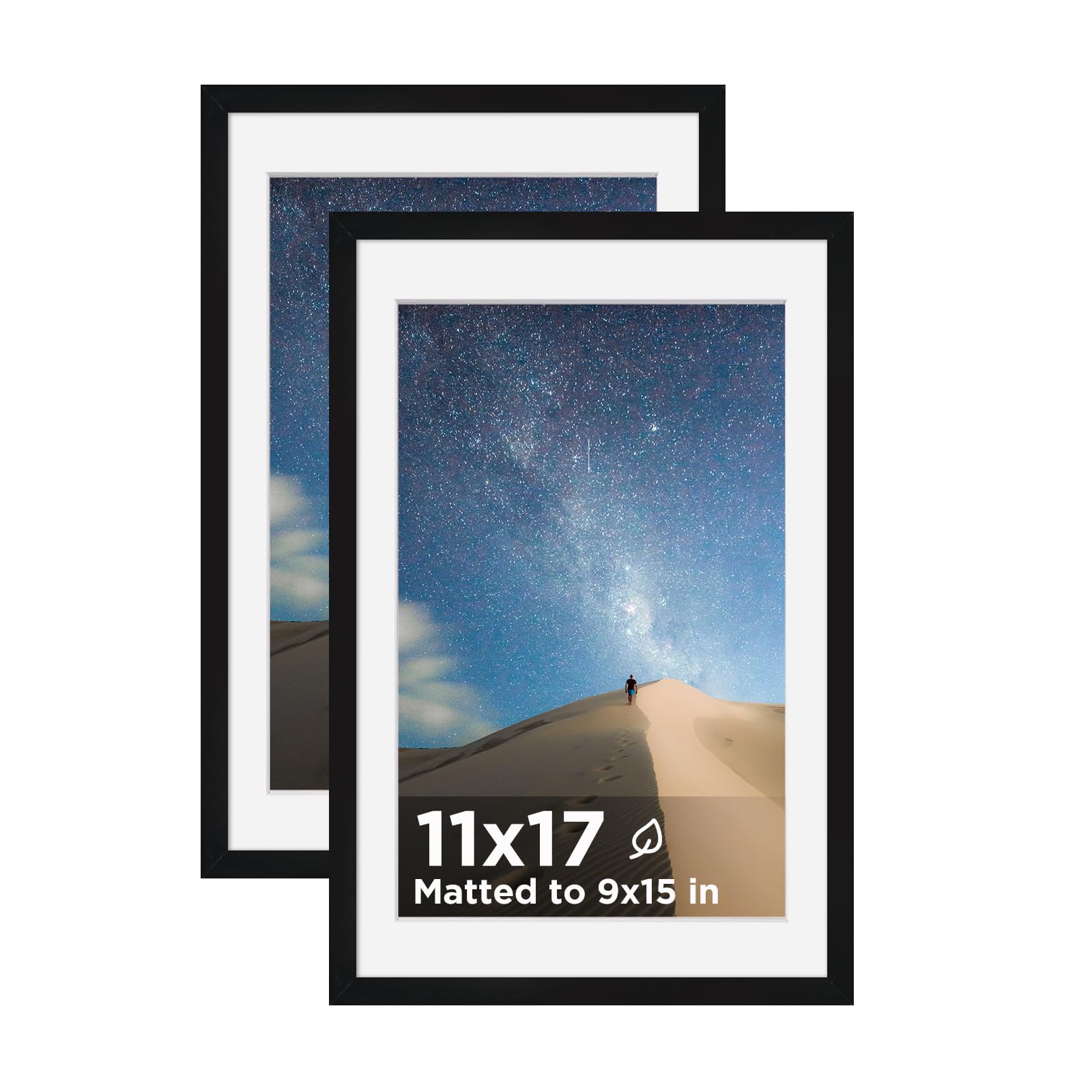 Photo 1 of *** MINOR DAMAGE ***KINLINK 11x17 Picture Frame Black Set of 2, Wooden Photo Frames Matted 9x15 with Plexiglass for 9x15 with Mat or 11x17 without Mat for Table and Wall Display