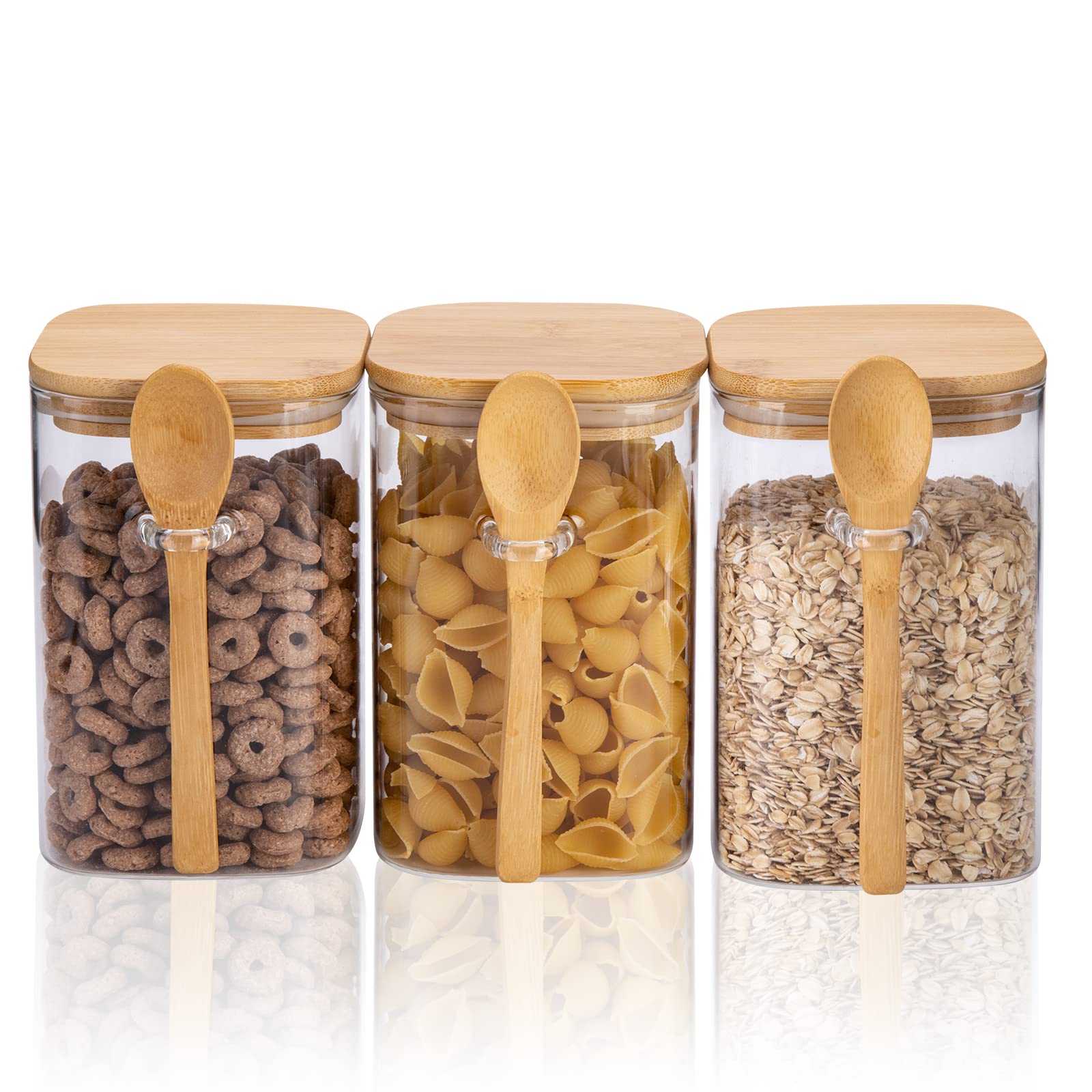 BAZIOE🍀Square Glass Jars Set Storage with Lid and Spoon 1200ML Φ10cm Airtight Glass Jars BPA-Free for Kitchen Storage (1.2L, Set of 3)