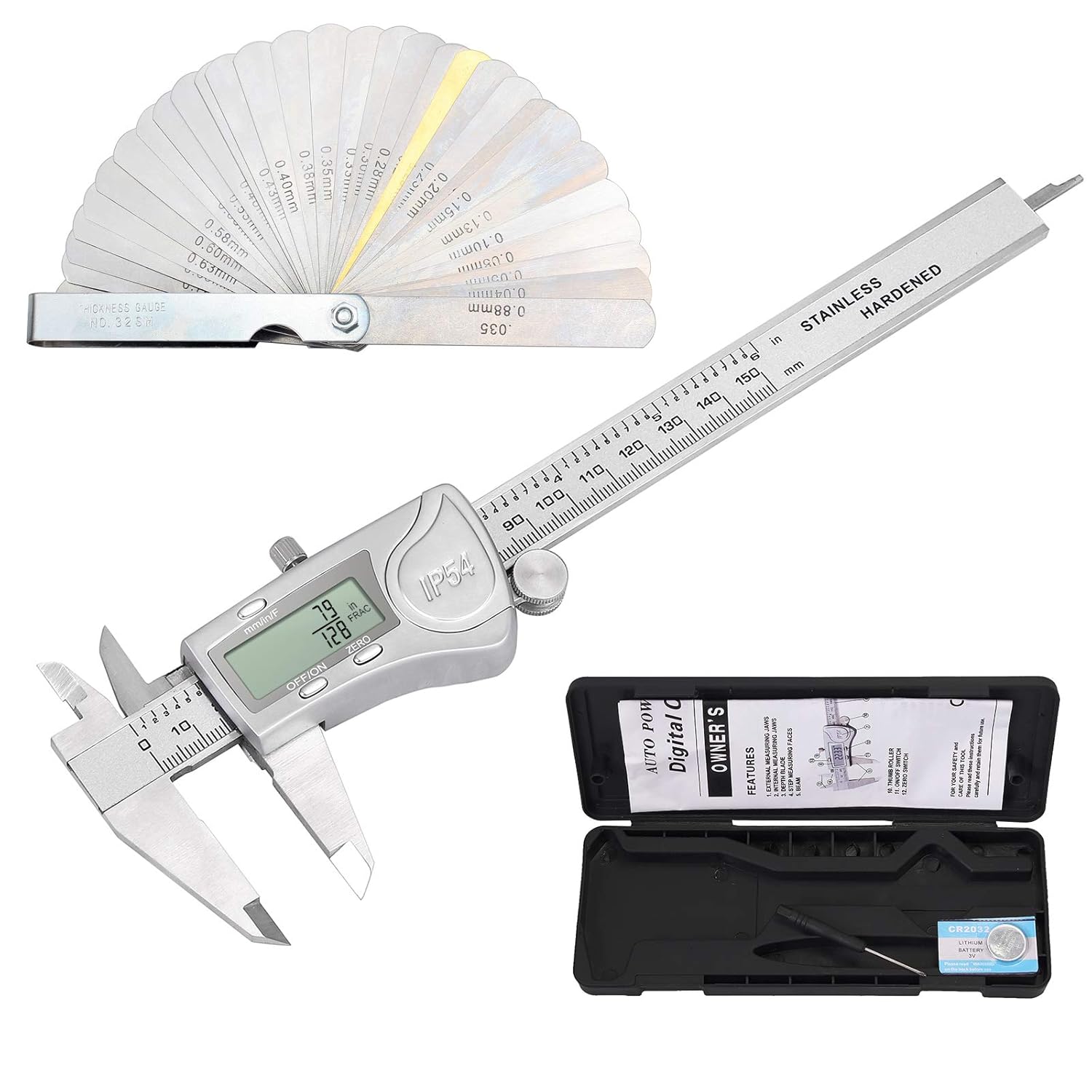 Proster IP54 Vernier Caliper 6inch/150mm + 32 Feeler Gauges Stainless
