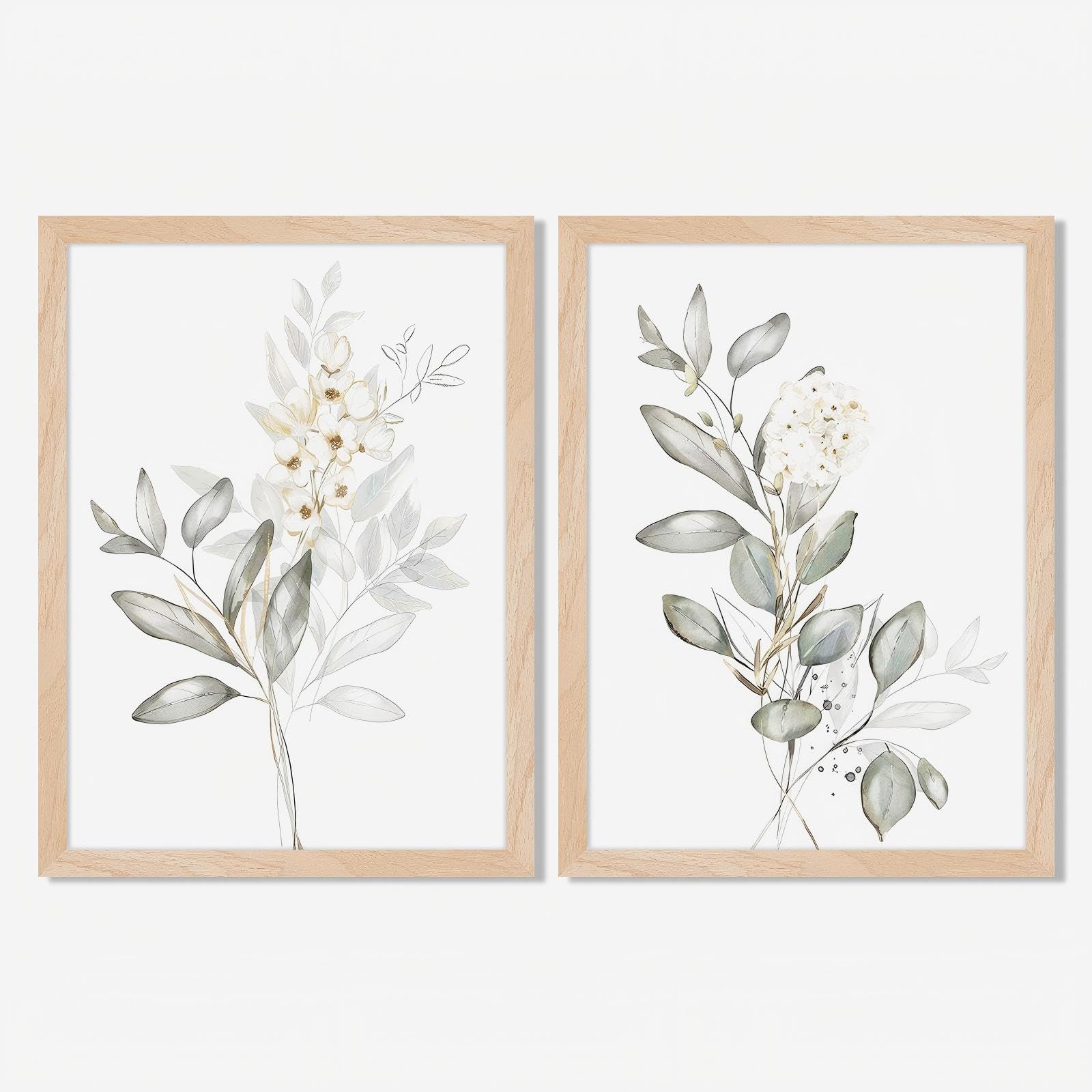 Photo 1 of Framed Botanical Wall Art Set of 2 Minimalist Floral Canvas Prints with Solid Wood Frame & Acrylic Cover, Neutral Green Nature Watercolor Leaf Boho Plan Paintings for Living Room Bedroom Home Decor 12x16IN